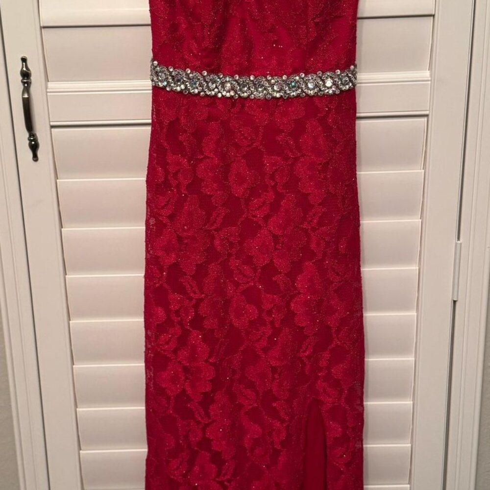 City Studio Red Lace Overlay Floor Length Gown